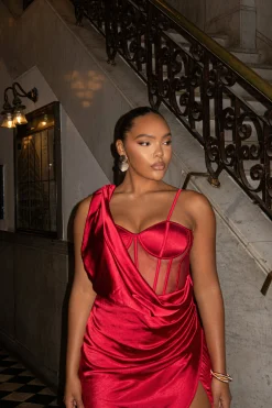 JLUXLABEL Red Anastacia Drape Maxi Dress