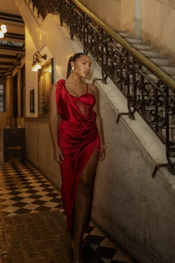 JLUXLABEL Red Anastacia Drape Maxi Dress