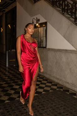 JLUXLABEL Red Anastacia Drape Maxi Dress
