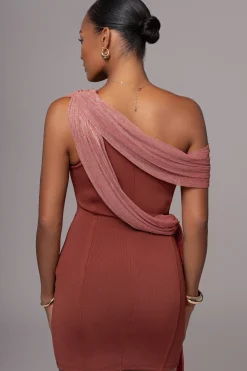 JLUXLABEL Red Asymmetric Drape Mini Dress