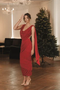 JLUXLABEL Red Divine Drape Skirt Set