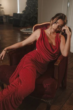 JLUXLABEL Red Divine Drape Skirt Set