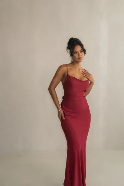 JLUXLABEL Red Down The Aisle Satin Gown
