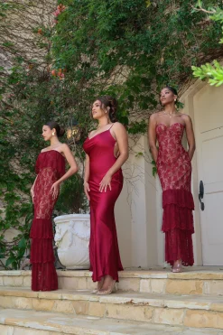 JLUXLABEL Red Down The Aisle Satin Gown