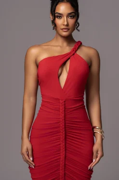 JLUXLABEL Red Jess Ruched Midi Dress