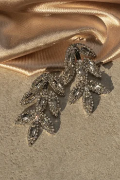 JLUXLABEL Silver Rhinestone Leaf Earrings