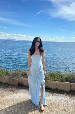 JLUXLABEL Sky Blue Noelia Linen Slit Skirt