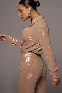 JLUXLABEL Tan Baguette Sequin Button Up