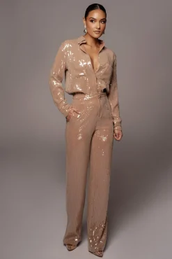 JLUXLABEL Tan Baguette Sequin Button Up