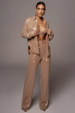 JLUXLABEL Tan Baguette Sequin Button Up