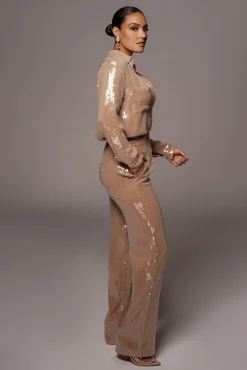 JLUXLABEL Tan Baguette Sequin Button Up