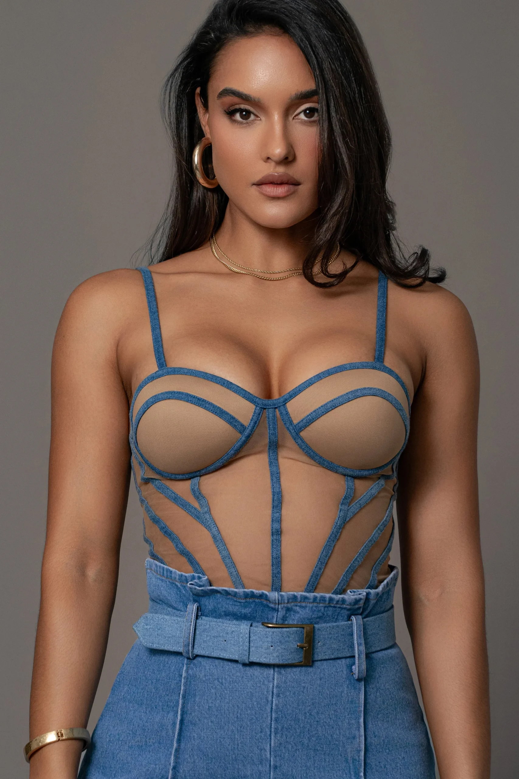 JLUXLABEL Tan Denim Illusion Mesh Bustier