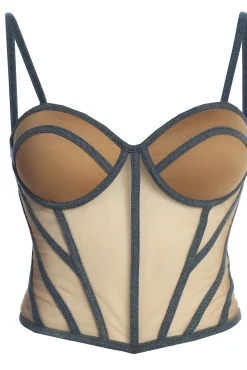 JLUXLABEL Tan Denim Illusion Mesh Bustier