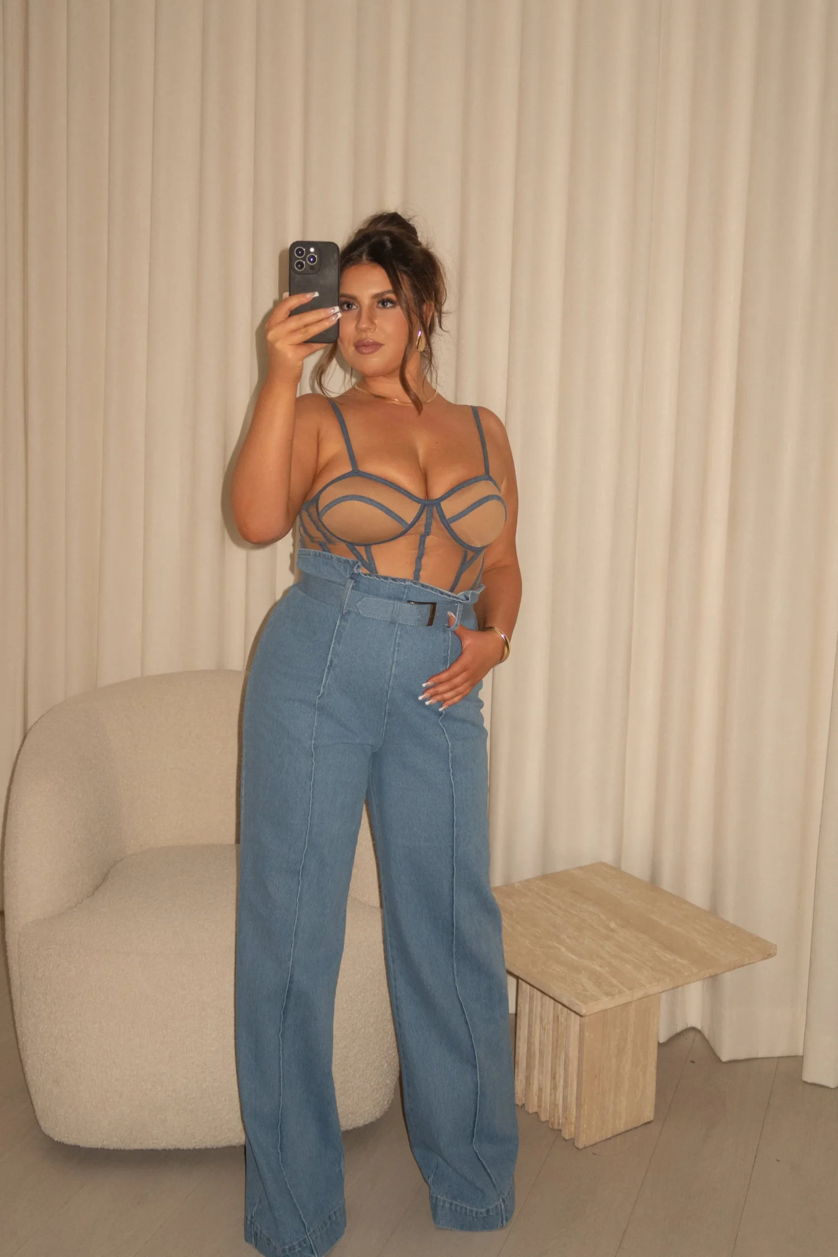 JLUXLABEL Tan Denim Illusion Mesh Bustier