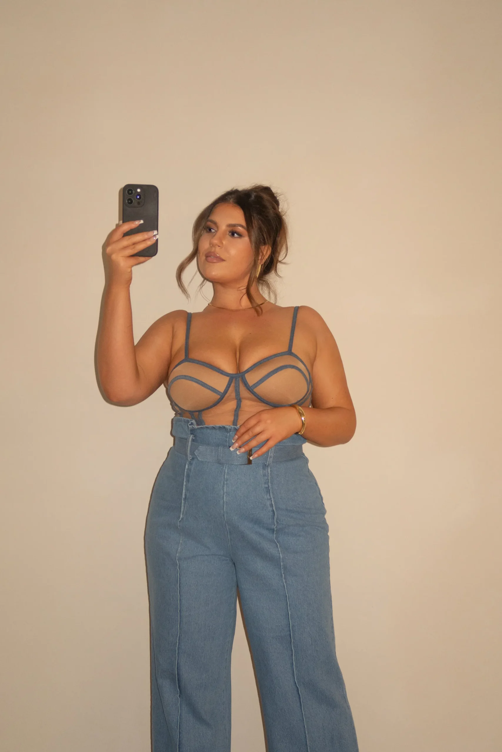 JLUXLABEL Tan Denim Illusion Mesh Bustier