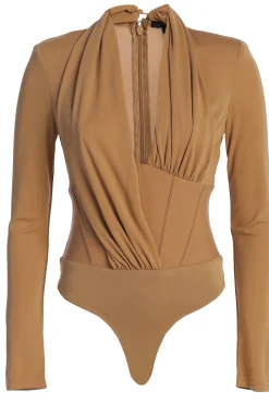 JLUXLABEL Tan Drape Corset Bodysuit