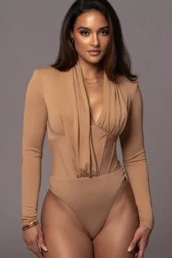 JLUXLABEL Tan Drape Corset Bodysuit