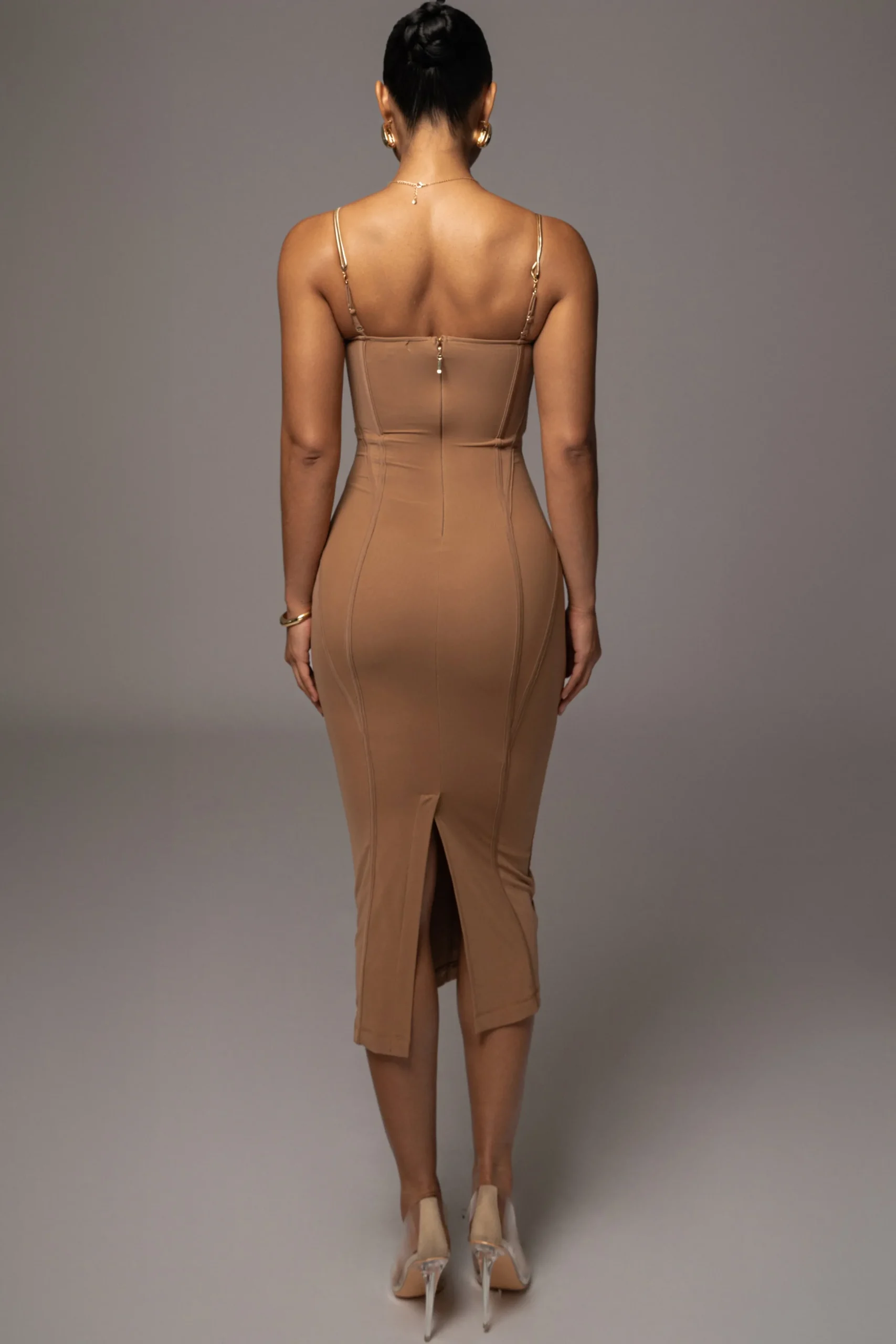JLUXLABEL Tan Escape Mesh Midi Dress