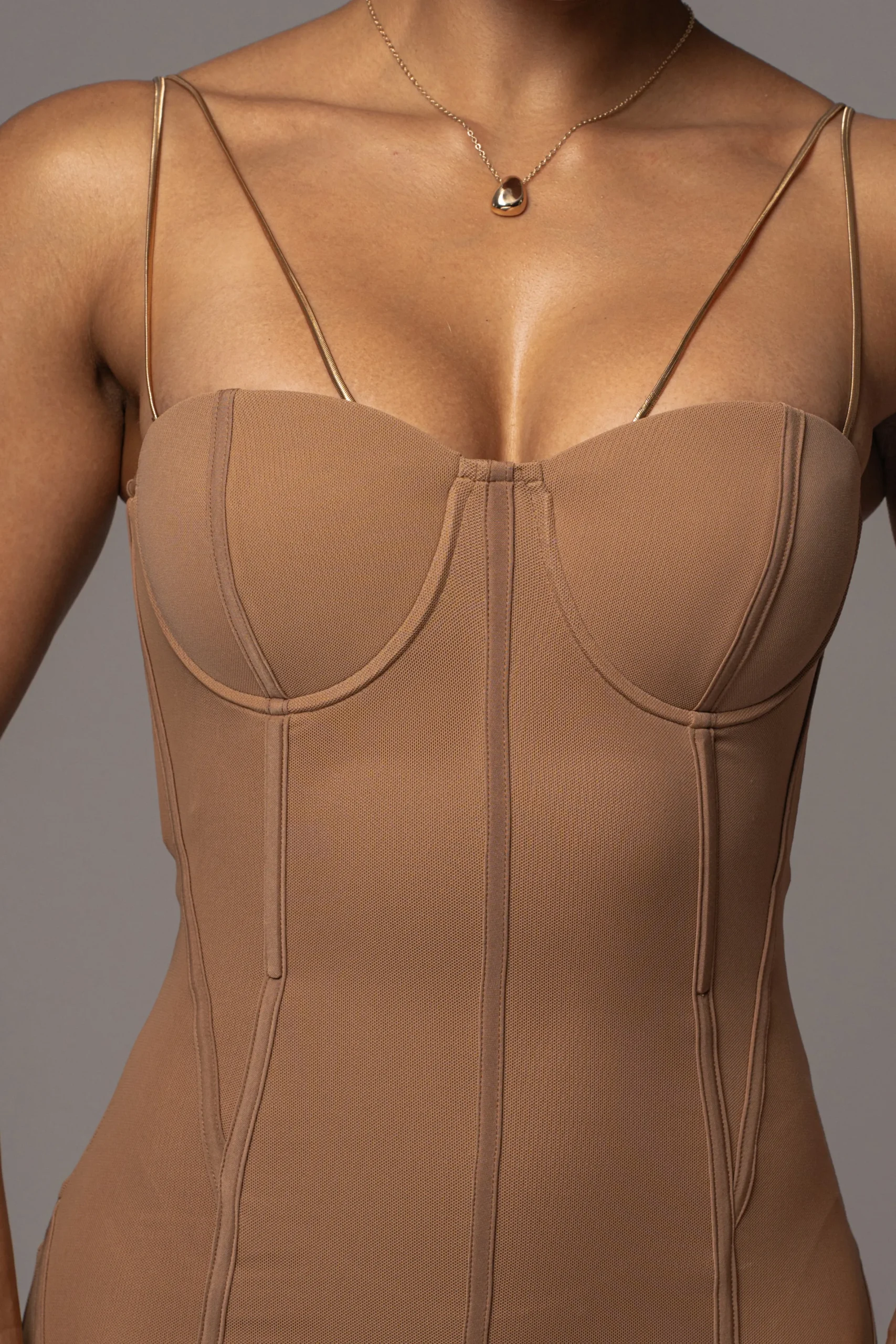 JLUXLABEL Tan Escape Mesh Midi Dress