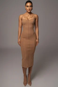 JLUXLABEL Tan Escape Mesh Midi Dress