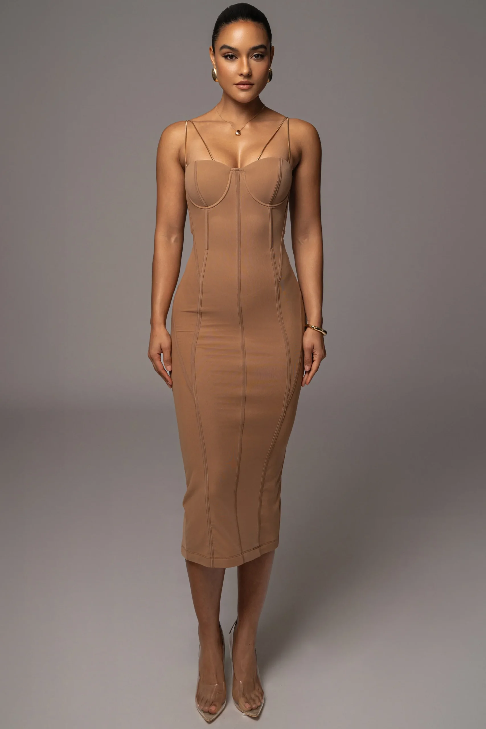 JLUXLABEL Tan Escape Mesh Midi Dress