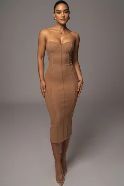 JLUXLABEL Tan Escape Mesh Midi Dress