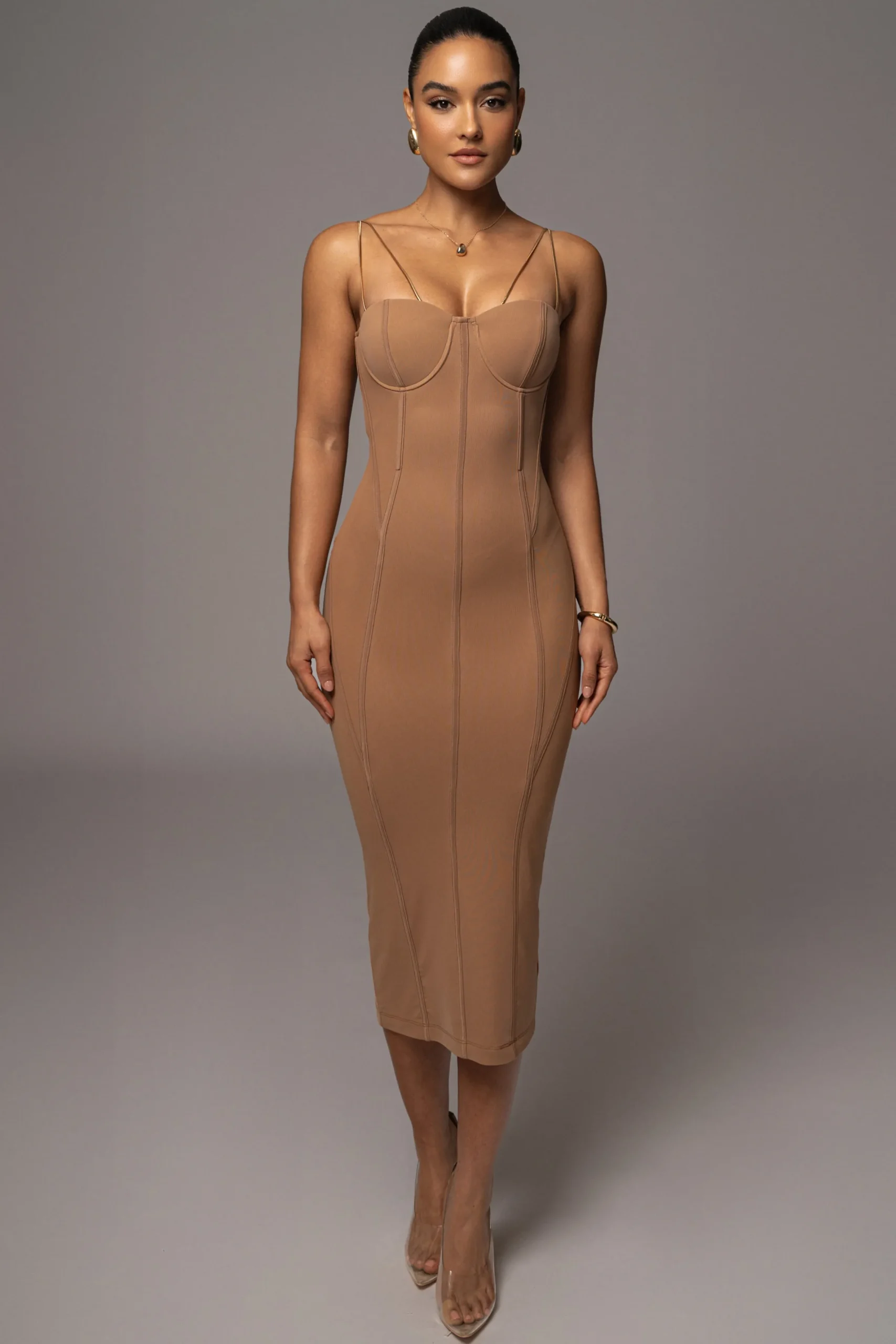 JLUXLABEL Tan Escape Mesh Midi Dress