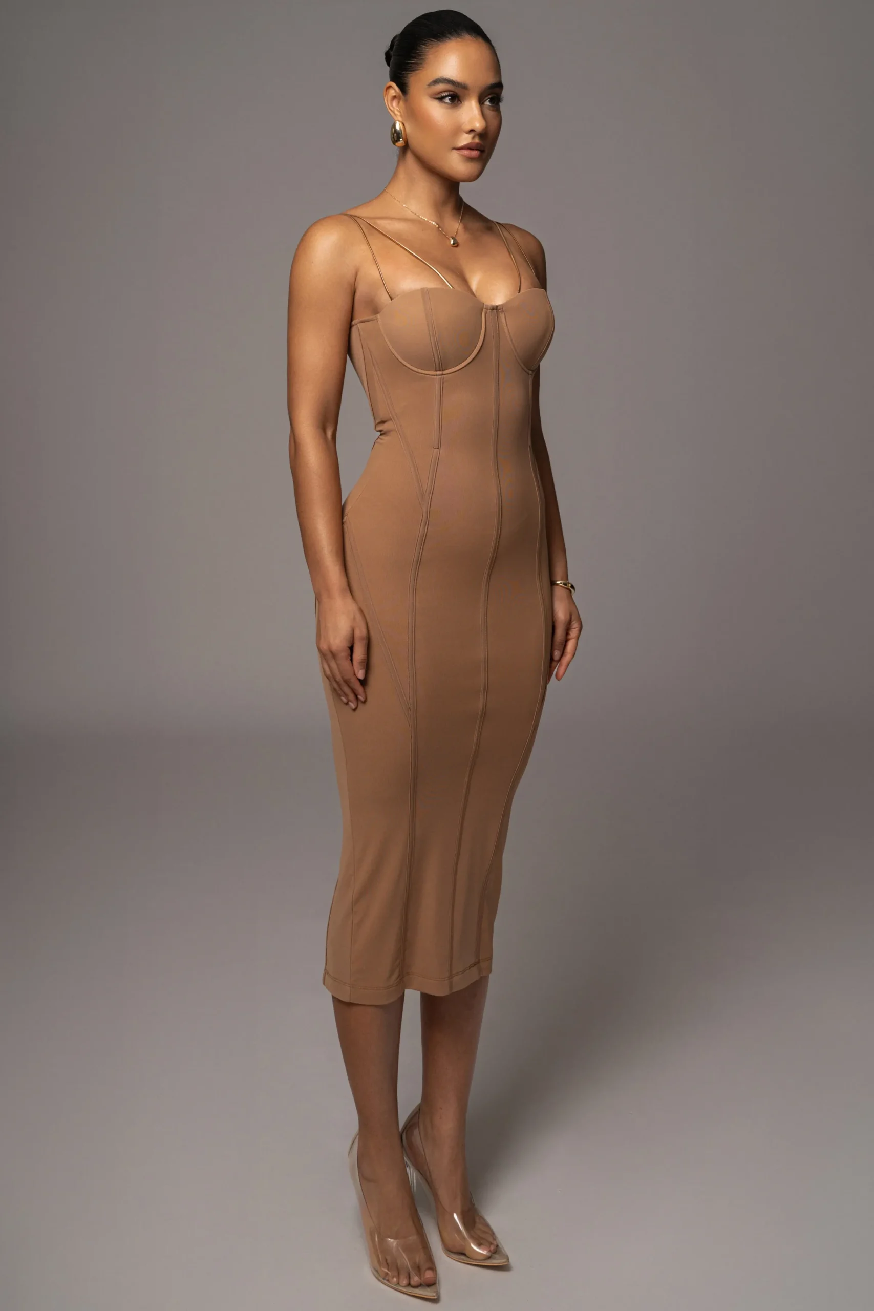 JLUXLABEL Tan Escape Mesh Midi Dress
