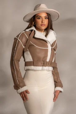 JLUXLABEL Tan Faux Leather Sherpa Jacket