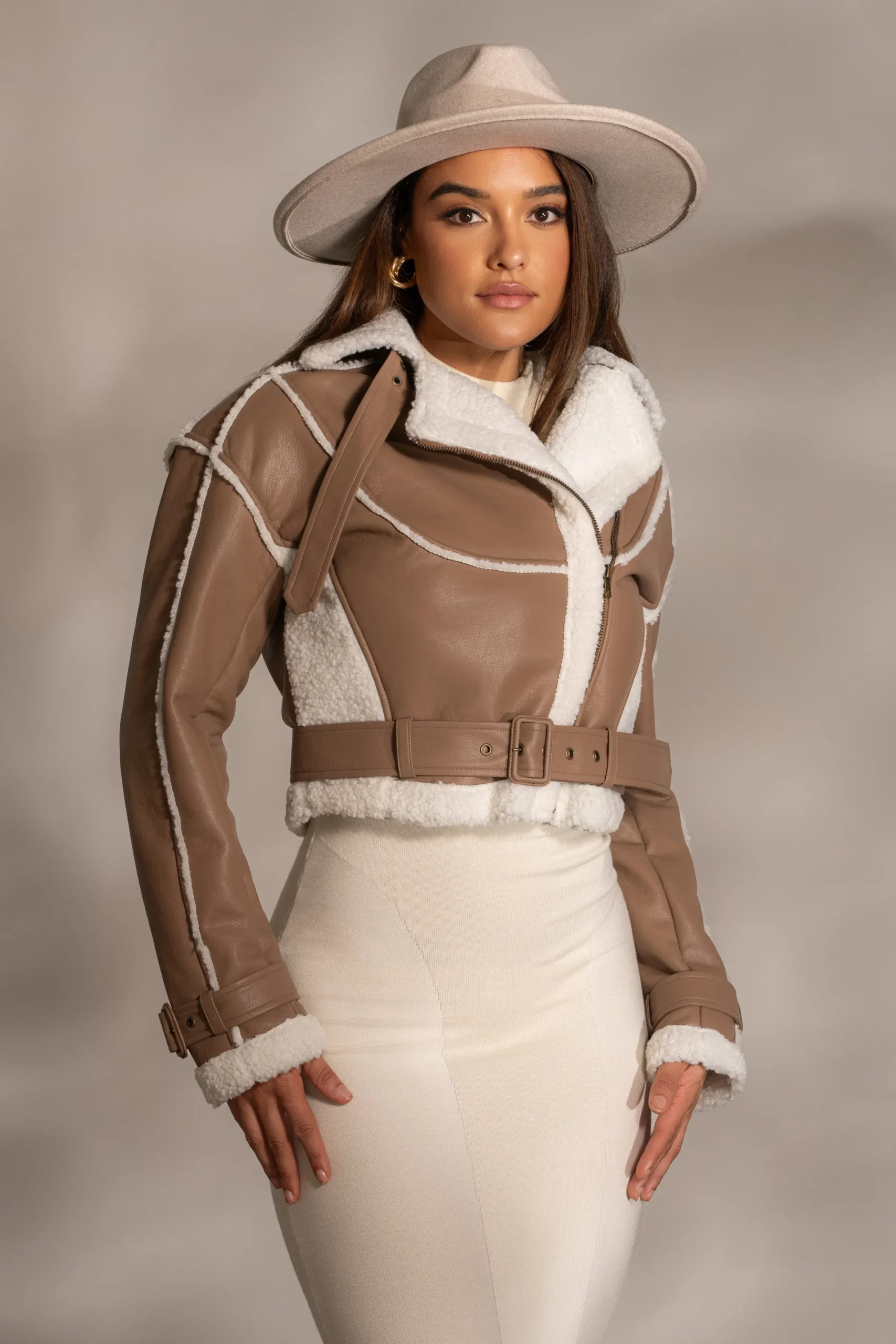 JLUXLABEL Tan Faux Leather Sherpa Jacket