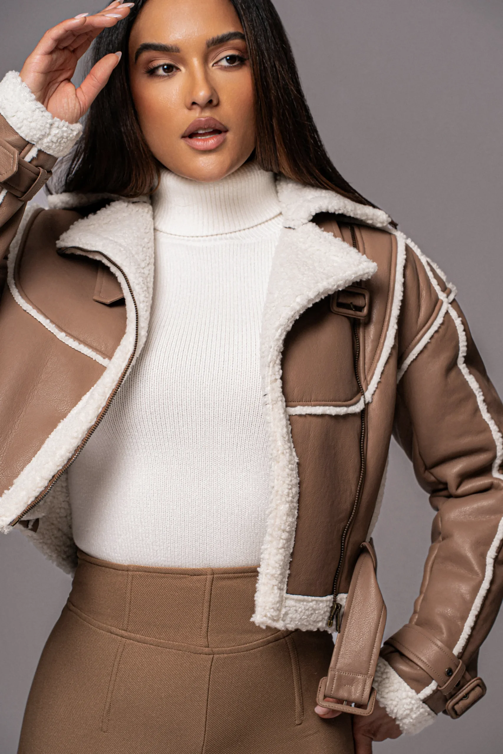 JLUXLABEL Tan Faux Leather Sherpa Jacket