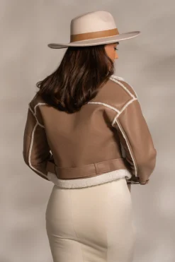JLUXLABEL Tan Faux Leather Sherpa Jacket