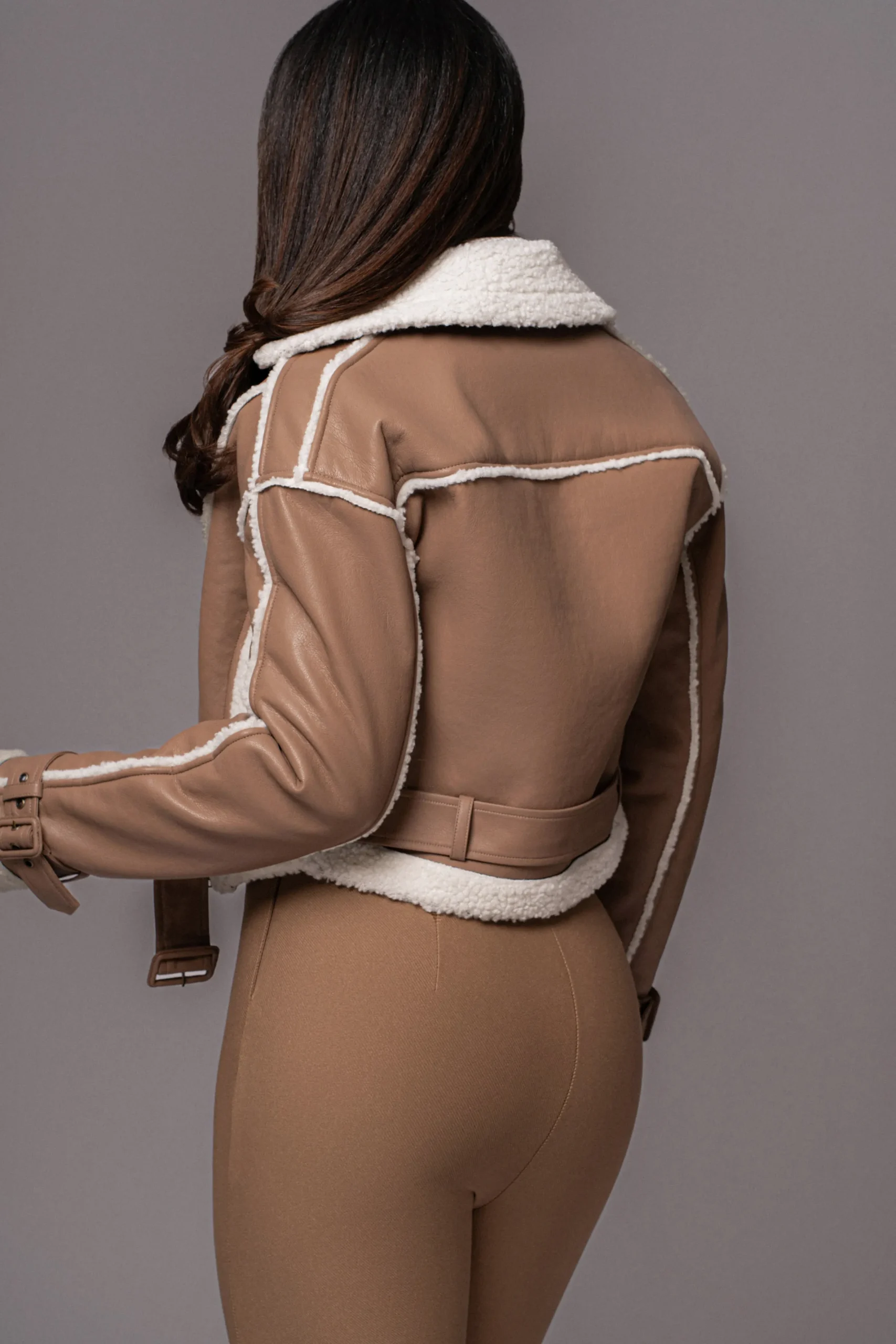 JLUXLABEL Tan Faux Leather Sherpa Jacket