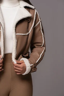 JLUXLABEL Tan Faux Leather Sherpa Jacket