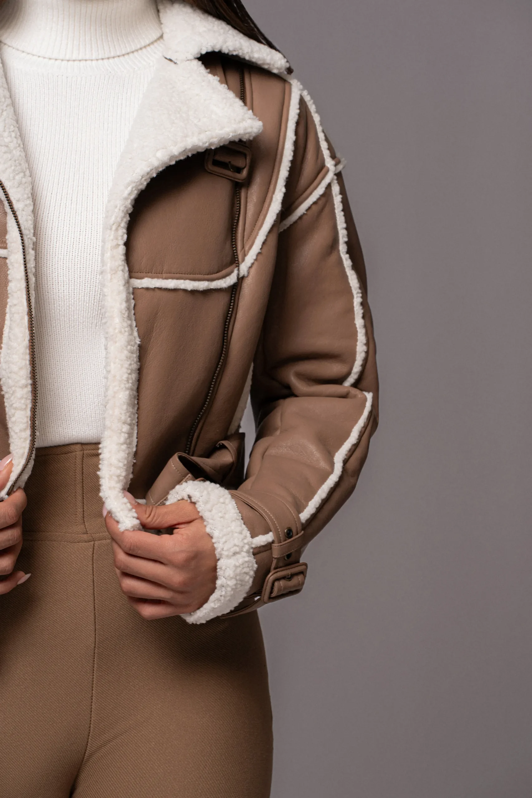 JLUXLABEL Tan Faux Leather Sherpa Jacket