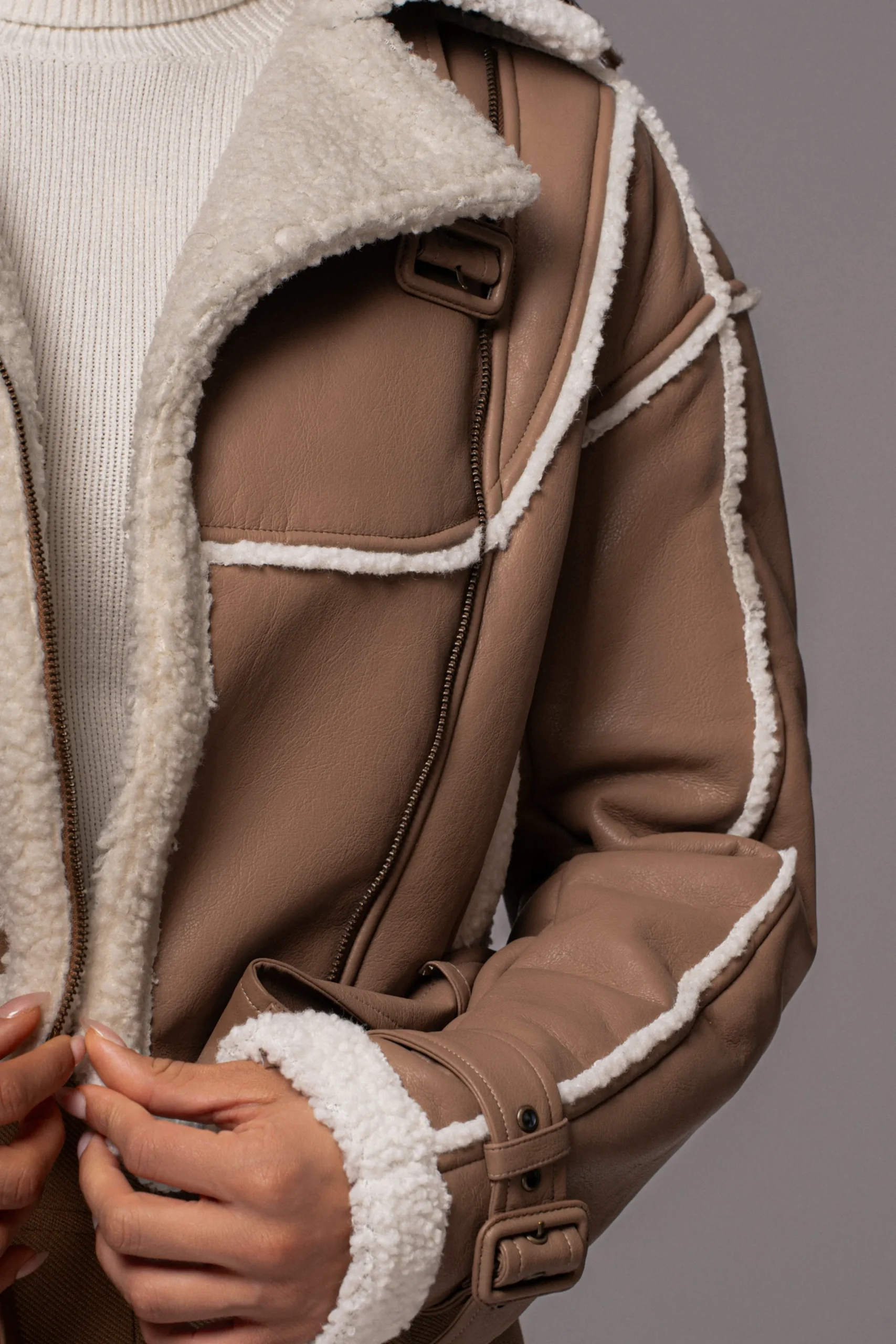 JLUXLABEL Tan Faux Leather Sherpa Jacket
