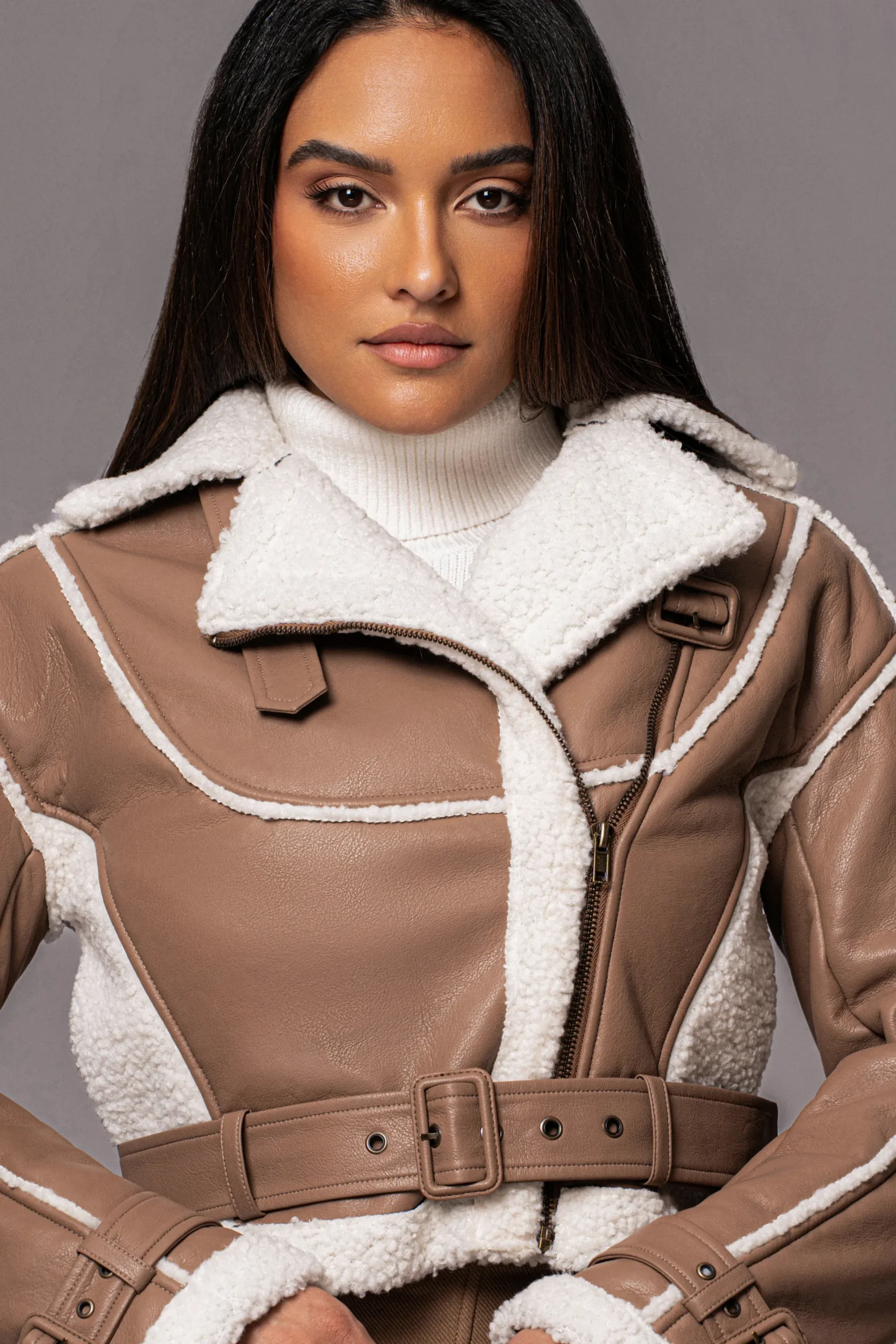 JLUXLABEL Tan Faux Leather Sherpa Jacket