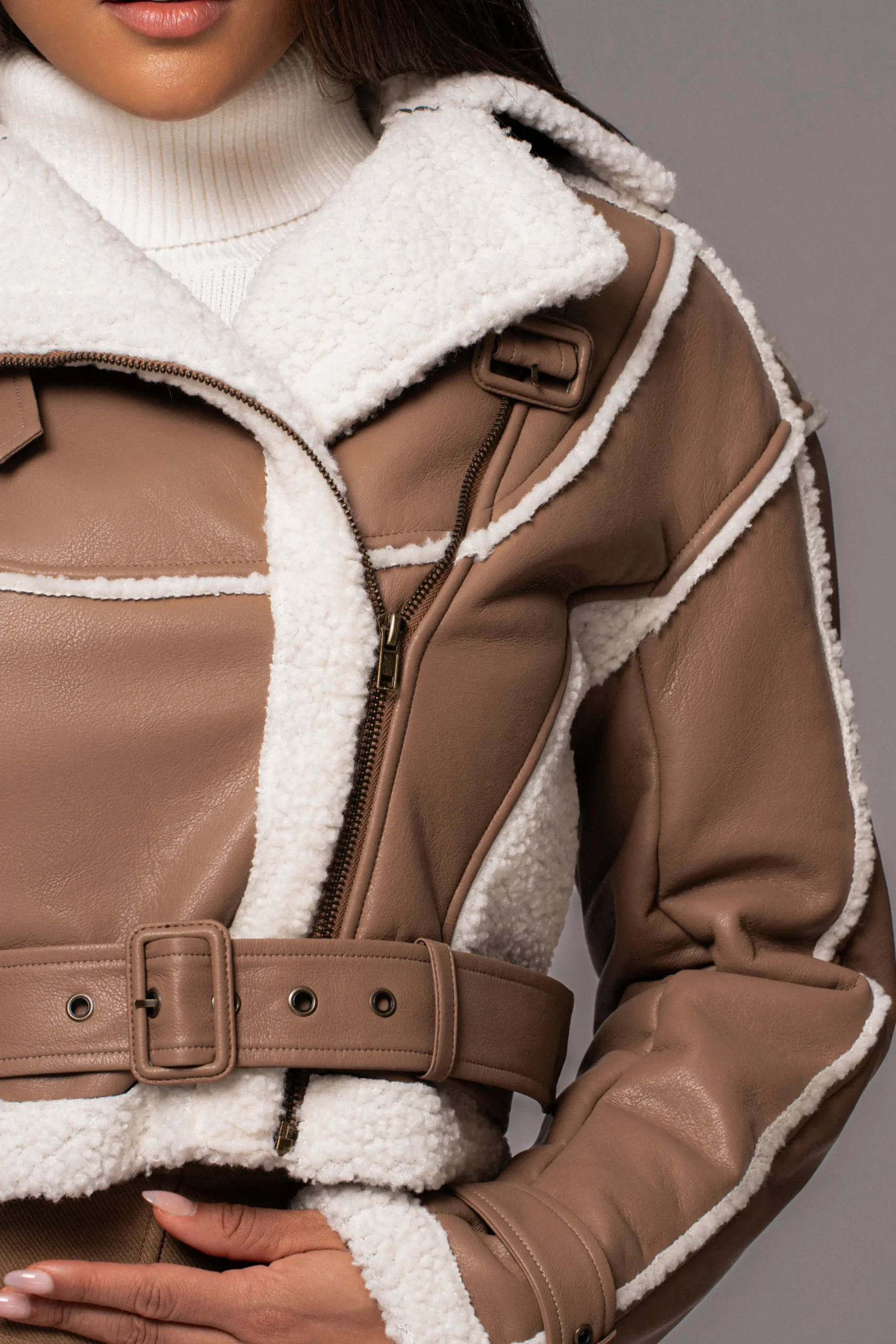 JLUXLABEL Tan Faux Leather Sherpa Jacket