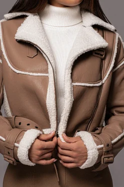 JLUXLABEL Tan Faux Leather Sherpa Jacket