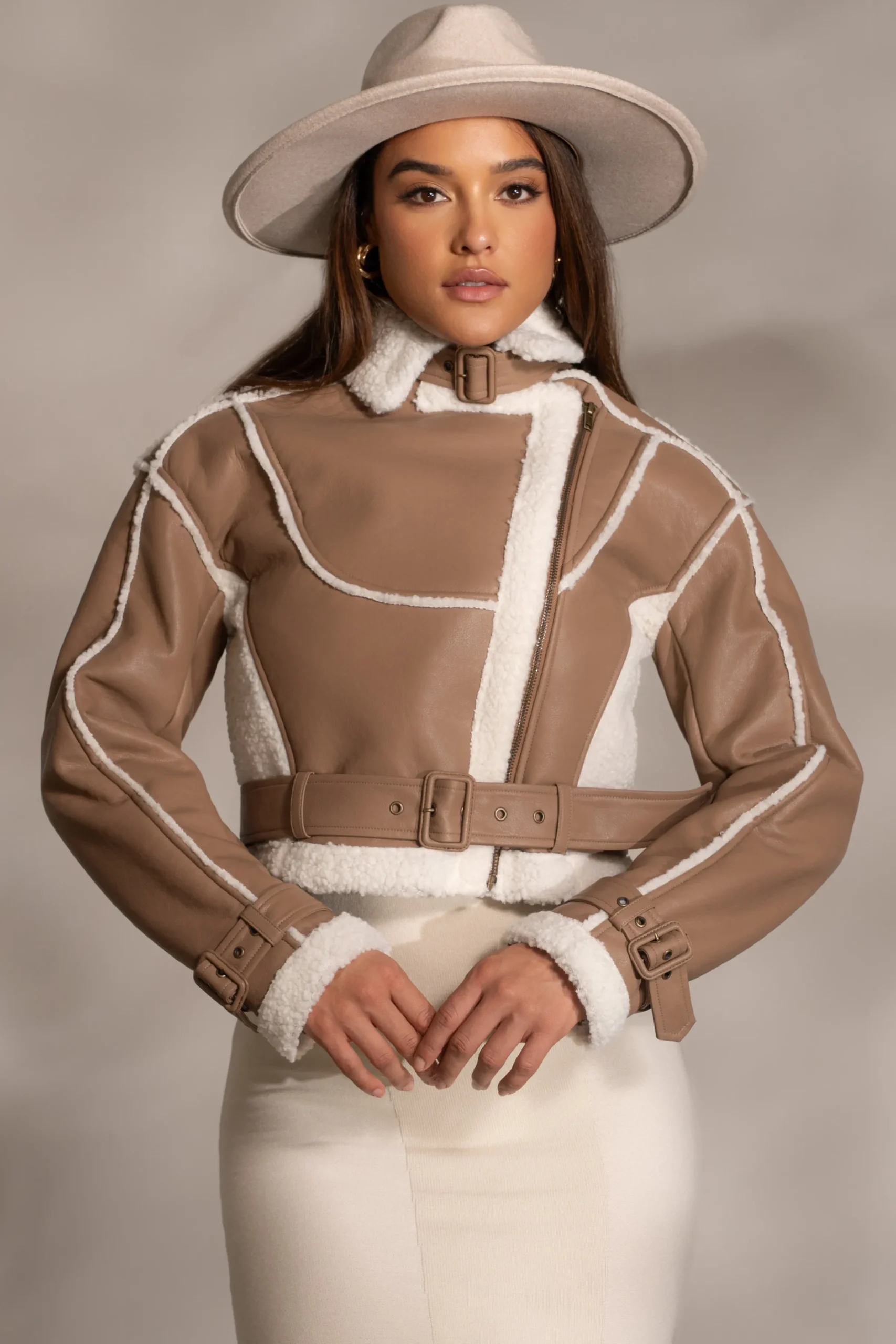 JLUXLABEL Tan Faux Leather Sherpa Jacket