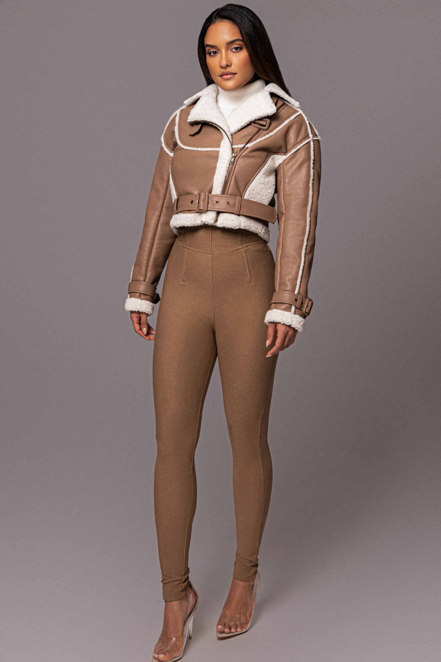 JLUXLABEL Tan Faux Leather Sherpa Jacket