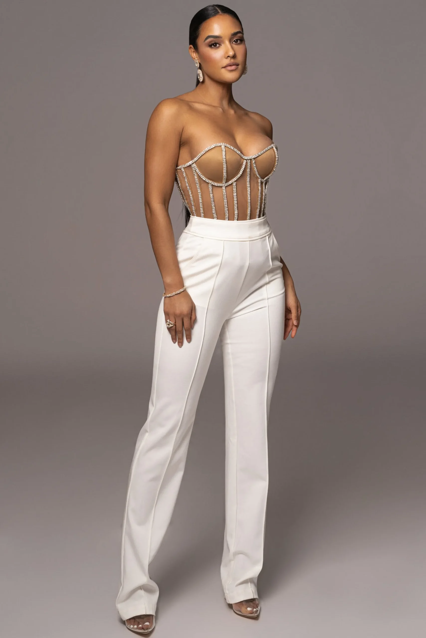 JLUXLABEL Tan Limited Edition Rhinestone Crystal Corset