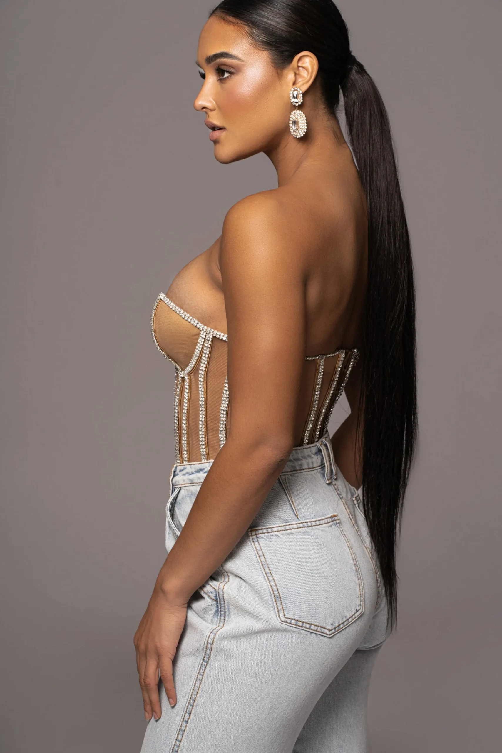 JLUXLABEL Tan Limited Edition Rhinestone Crystal Corset