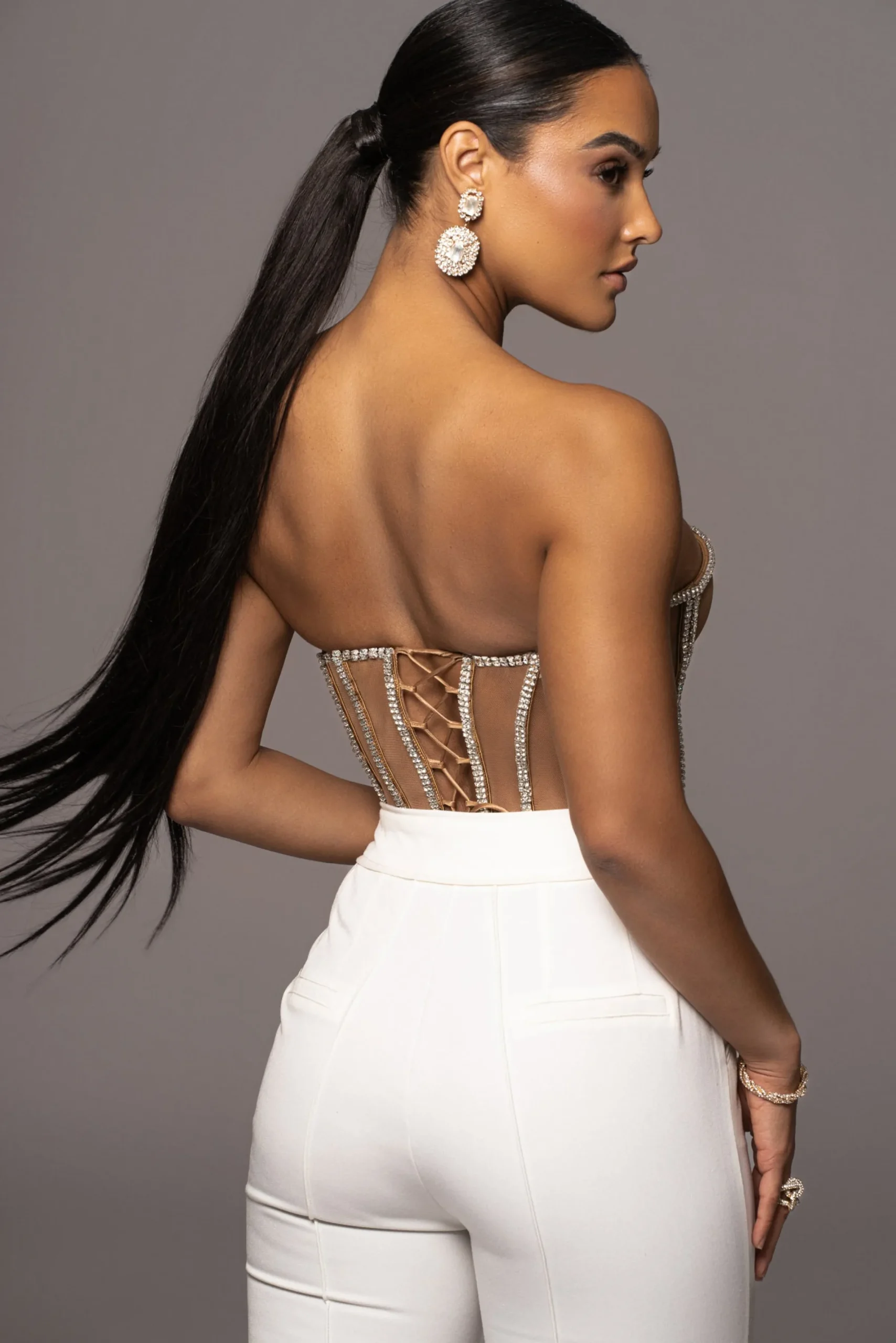 JLUXLABEL Tan Limited Edition Rhinestone Crystal Corset