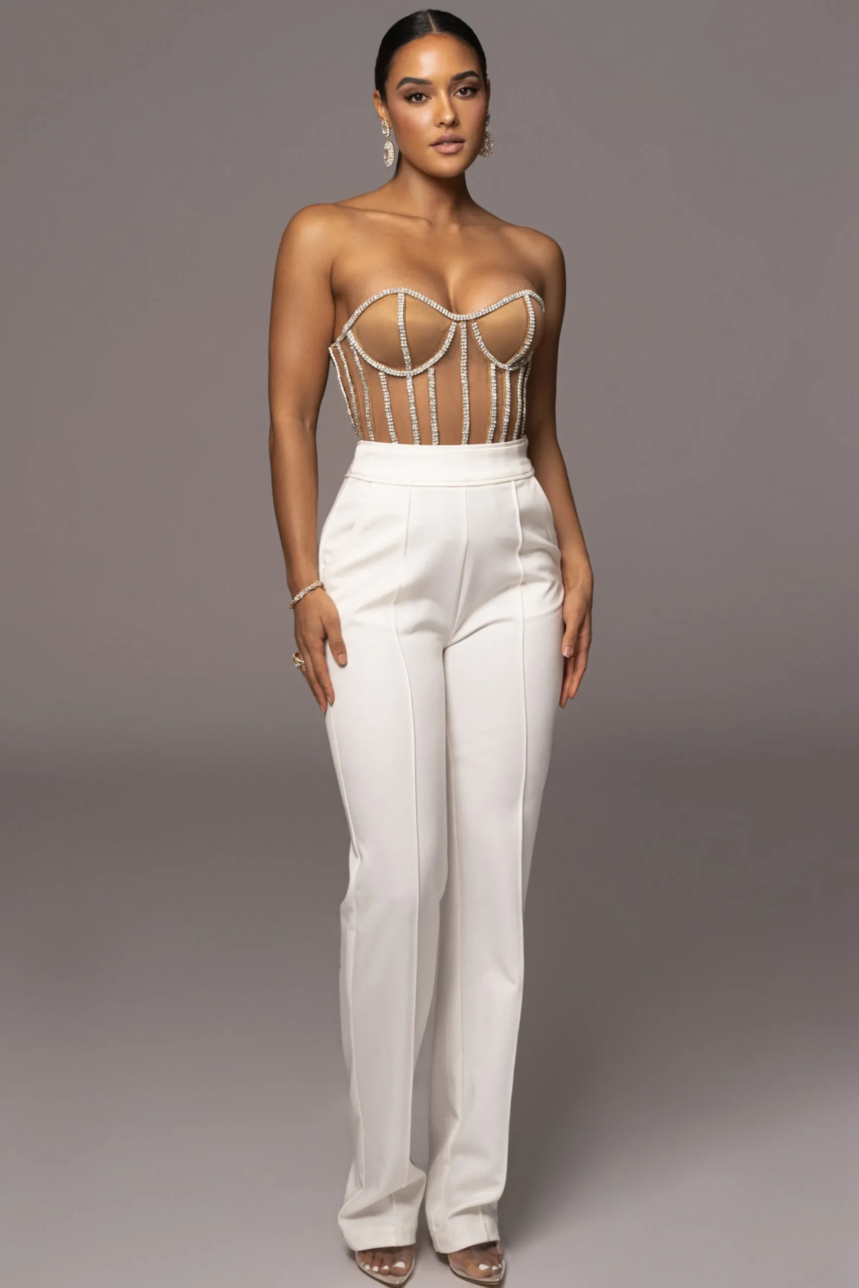 JLUXLABEL Tan Limited Edition Rhinestone Crystal Corset
