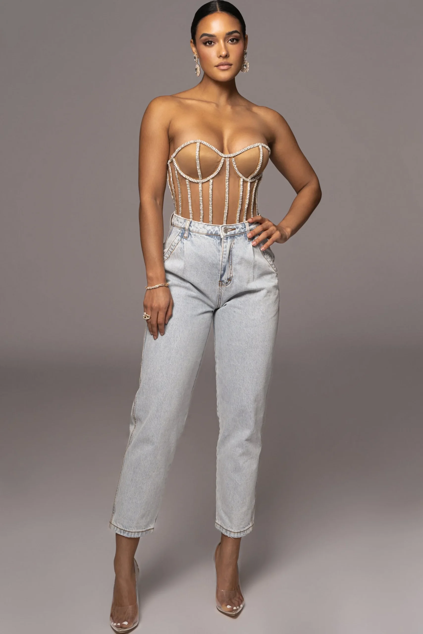 JLUXLABEL Tan Limited Edition Rhinestone Crystal Corset