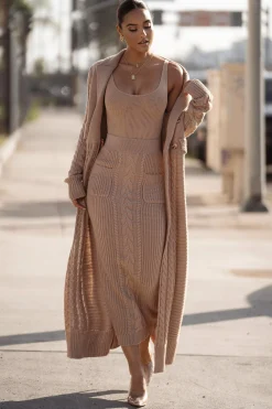 JLUXLABEL Tan Missy Cable Sweater Midi Skirt