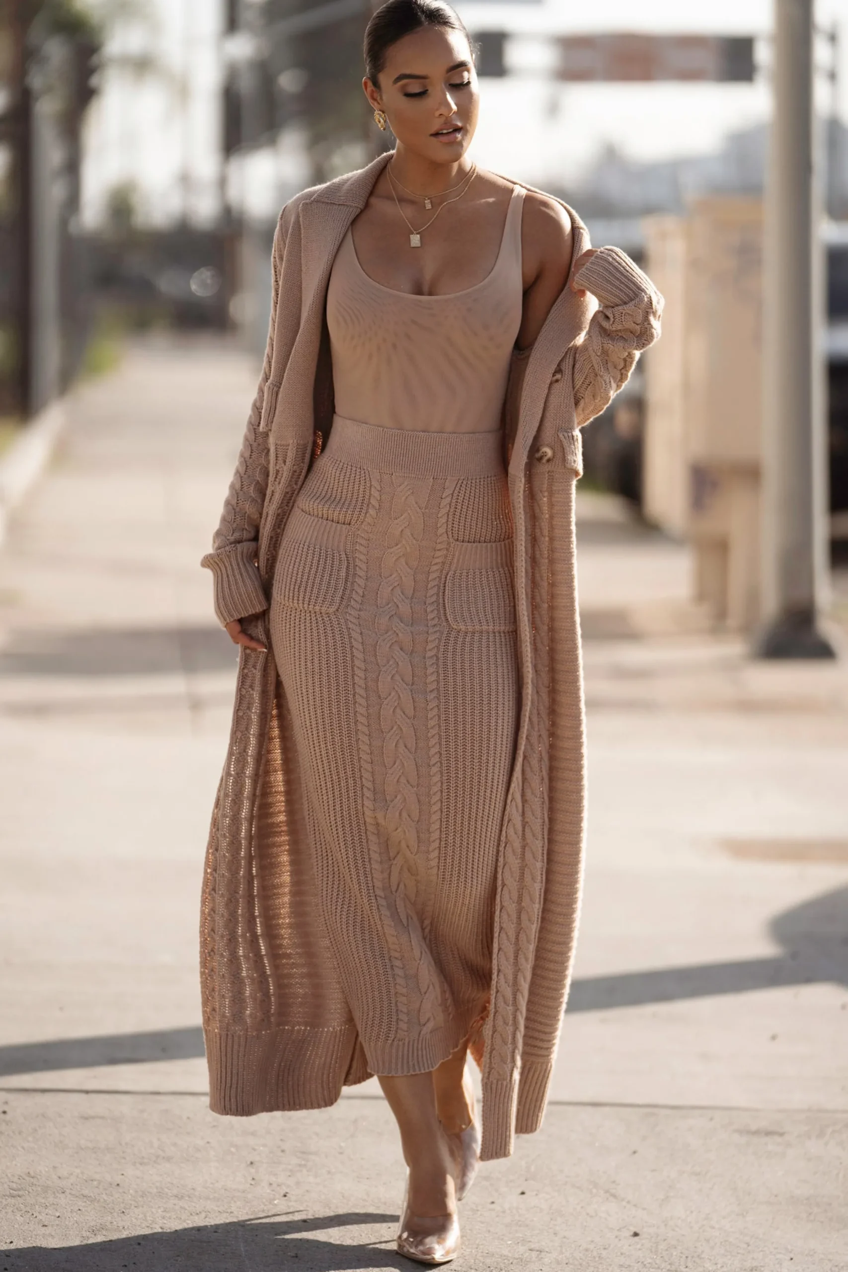 JLUXLABEL Tan Missy Cable Sweater Midi Skirt