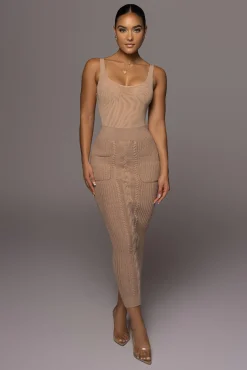 JLUXLABEL Tan Missy Cable Sweater Midi Skirt