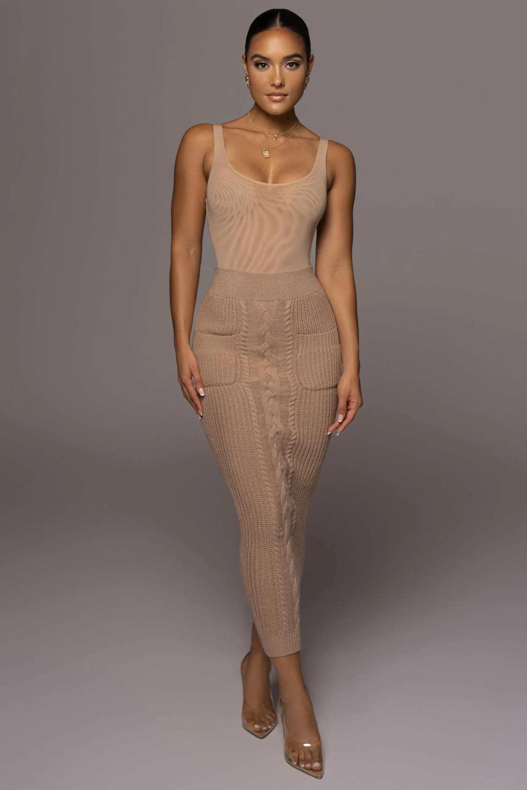 JLUXLABEL Tan Missy Cable Sweater Midi Skirt